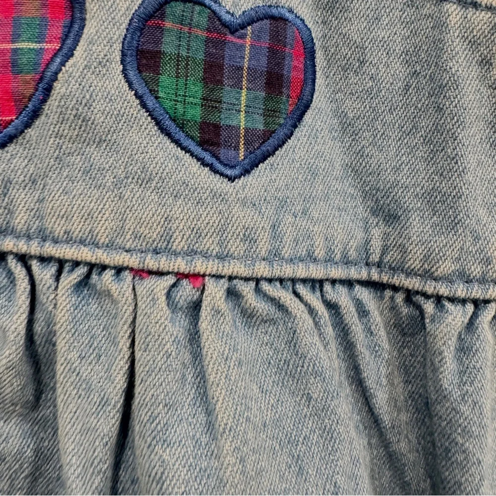 Vintage OshKosh B'gosh Blue Denim Overall Dress Gorls 3T Plaid Hearts Cotton